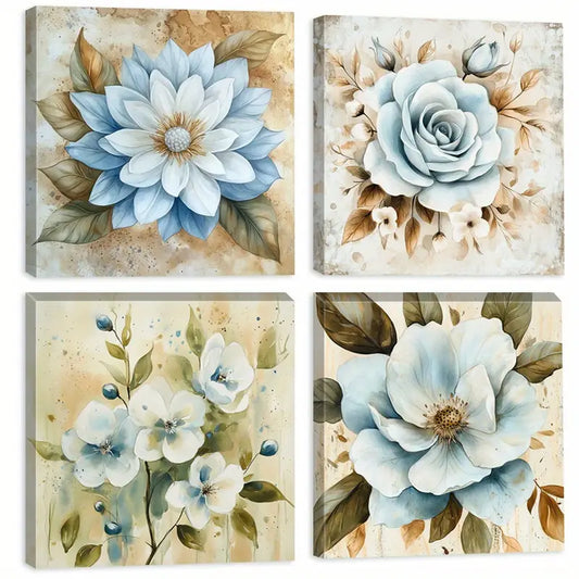 4pcs Blue Floral  Botanical Illustration  BG Wall Art Canvas Framed