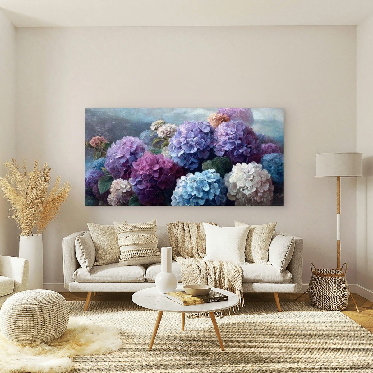 Purple Blue White Blossom Wall Art Canvas Office Home Room Framed 120x60cm