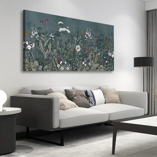 Botanical Dusty Blue Meadow Nature Wall Art canvas office home room framed 120x60cm