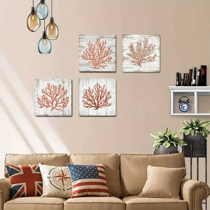 4pcs Orange Coral Beac   OCB Wall Art WD  Wall Art Canvas Framed