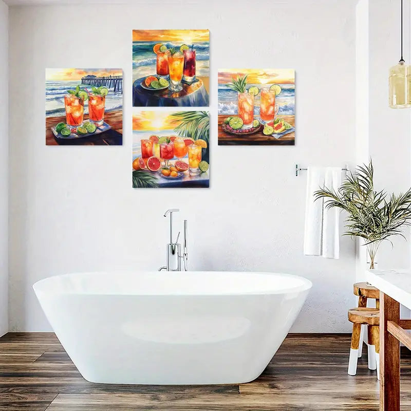 4pcs Sunset Beach Cocktail Wall Art Canvas Framed