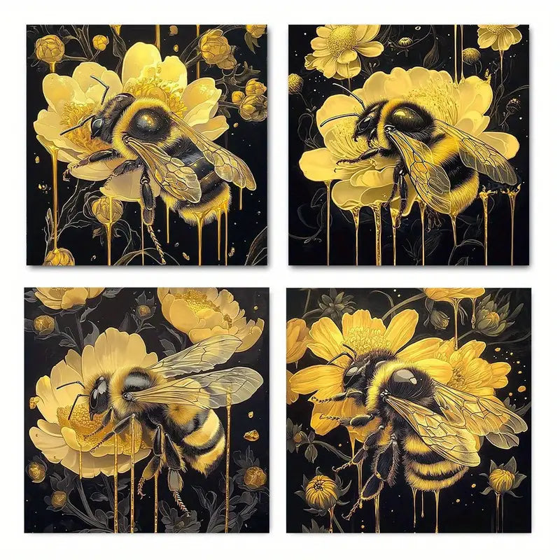 4pcs  Bee & Honey Hummingbird for Home e w  Wall Art Canvas Framed