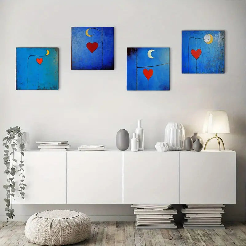 4pcs Abstract Blue Love Heart Wall Art Canvas Framed