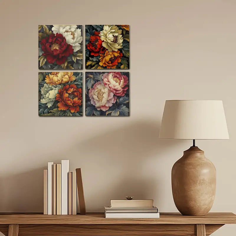 4pcs Poney Rose Flower Wall Art Canvas Framed