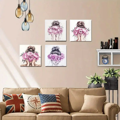 4pcs Girl with Messy Bun and Pink Peonies   Wall Art Canvas Framed
