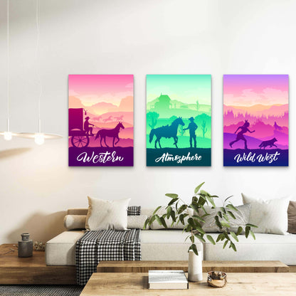 3pcs Retro Wild West Cowboy Landscape Wall Art Set Canvas Framed 40x60cm - High Quality Print 100% Australian Made Wall Canvas Ready to Hang