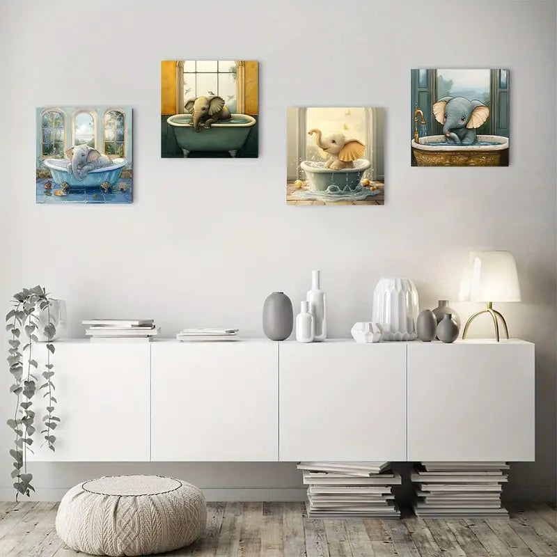 4pcs Elephant Picture Window Sea View Deco Wall Art Canvas Framed