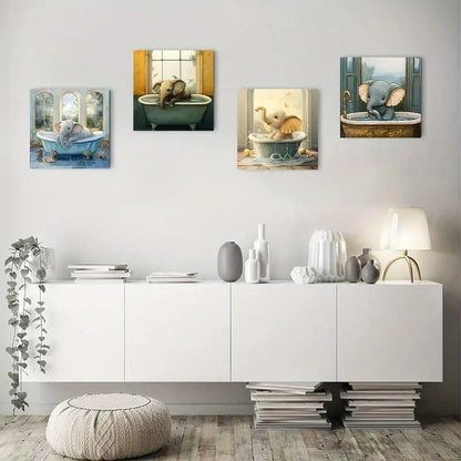 4pcs Elephant Picture Window Sea View Deco Wall Art Canvas Framed