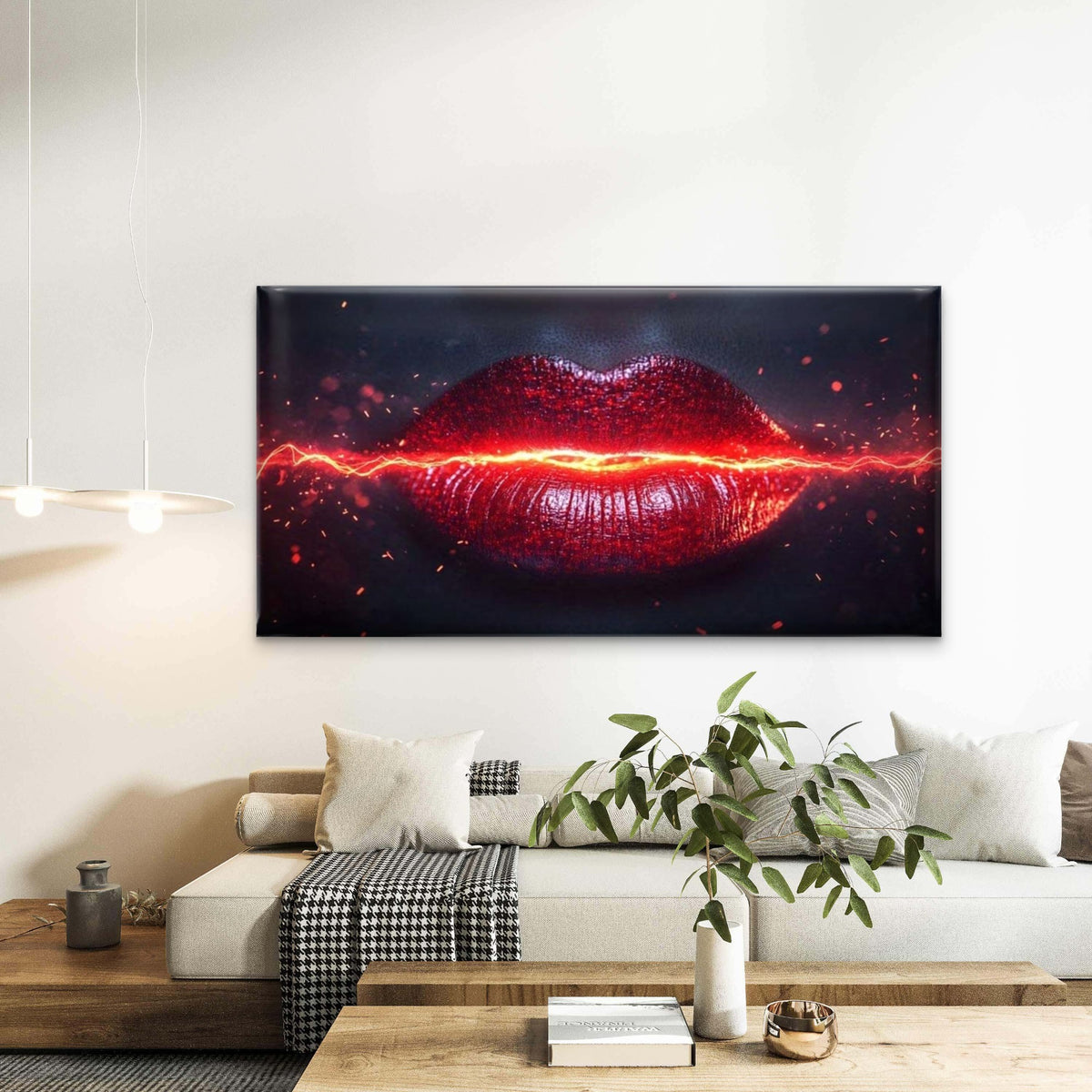 Electric Kiss Abstract Lips Wall Art Canvas Office Home Room Framed 120x60cm