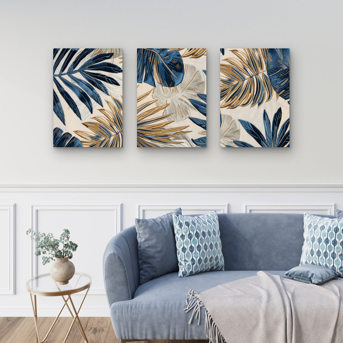 3pcs Blue And Gold Embroidered Tropical Palm Leaves Wall Art Set Canvas Framed 50x70cm- High Quality Print 100% Australian Made Wall Canvas Ready to Hang