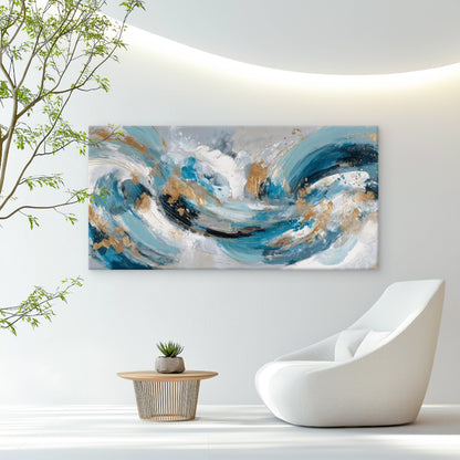 Blue Golden Turquoise Waves Wall Art Canvas Office Home Room Framed 120x60cm