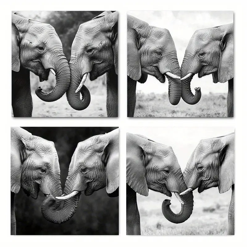4pcs Black And White Elephant Family Bonding Wall Art Canvas Framed