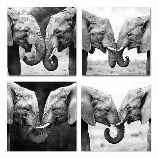 4pcs Black And White Elephant Family Bonding Wall Art Canvas Framed