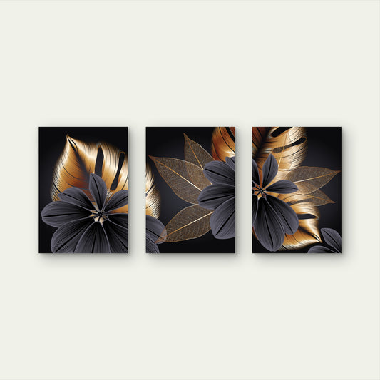 3pcs Gold Black Botanical Tropical Leaf Wall Art Set Canvas Framed 60x90cm - High Quality Print 100% Australian Made Wall Canvas Ready to Hang