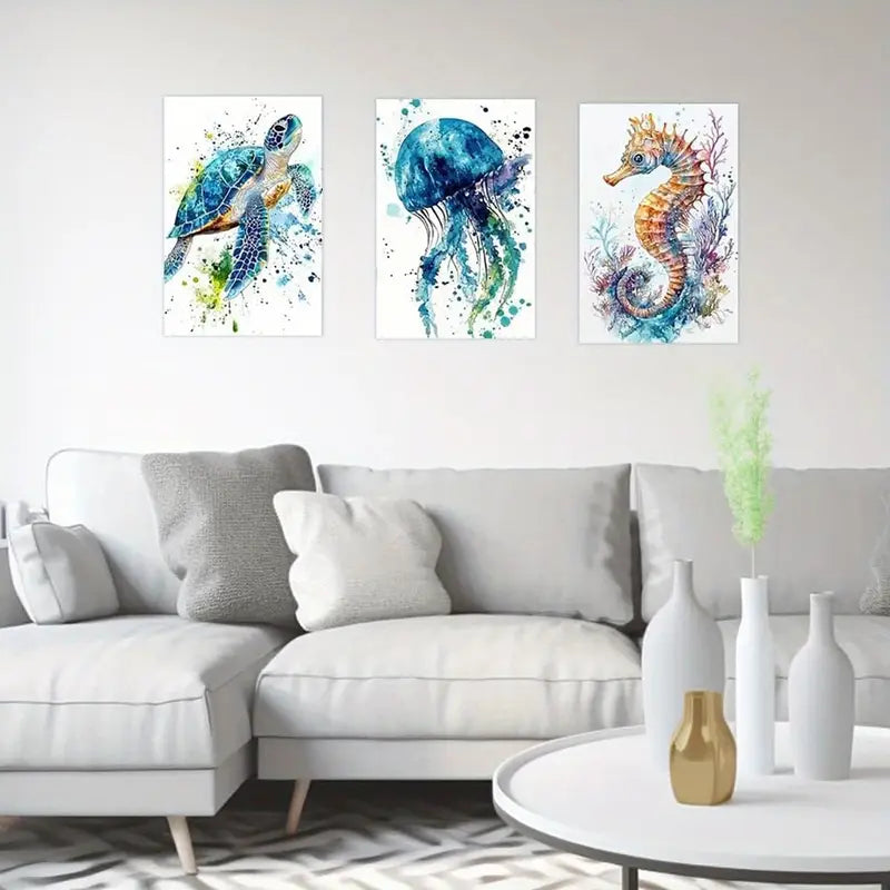 3pcs Ocean Animals Seahorse Jellyfish Sea Turtle Metal Print Ready to Hang Art