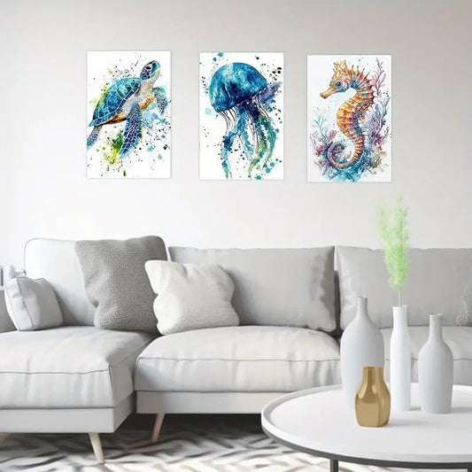 3pcs Ocean Animals Seahorse Jellyfish Sea Turtle Metal Print Ready to Hang Art