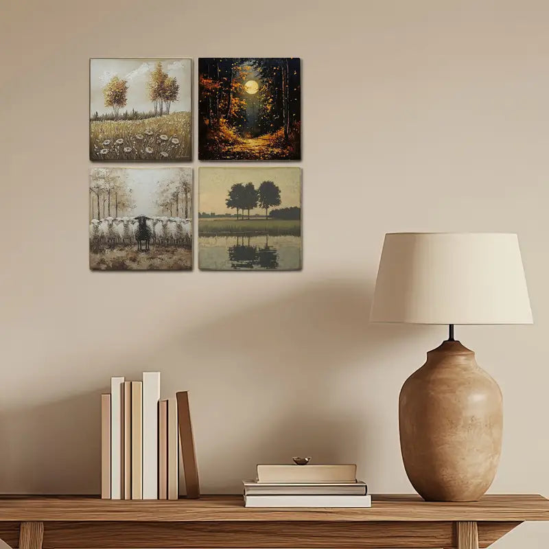 4pcs Farm House With Sheeps And Golden Meadow Wall Art Canvas Framed