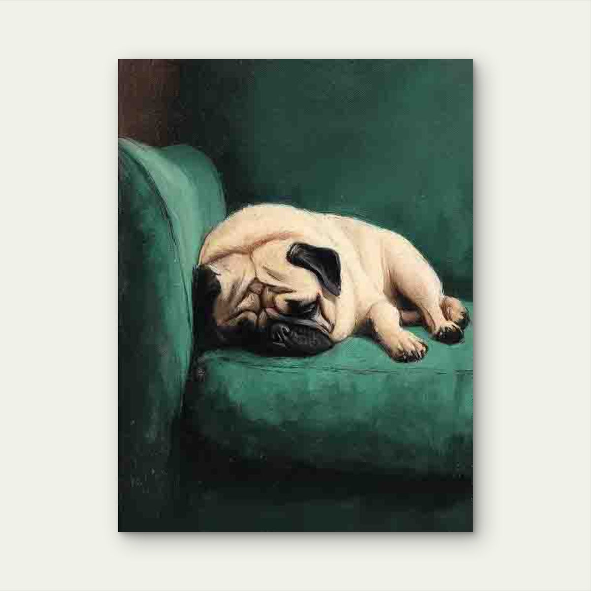Sleeping Pug Dog on Green Couch Metal Print Ready to Hang