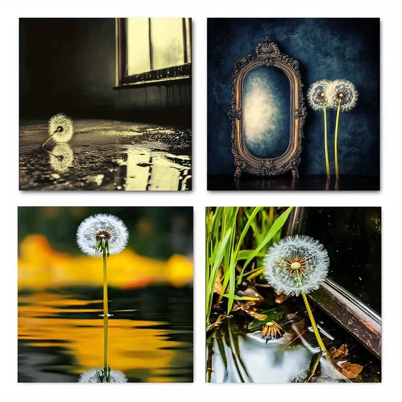 4pcs Dandelion & Chrysanthemu Wall Art Canvas Framed