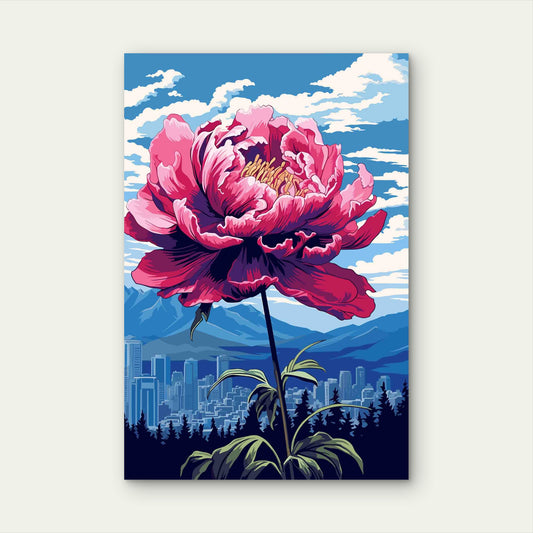 Vibrant Peony Rising Above the Mountains 60x90cm Metal Print Ready to Hang