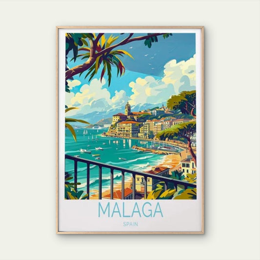 Malaga Spain Beach, Trees & Houses Art Travel Poster Print Wall Art