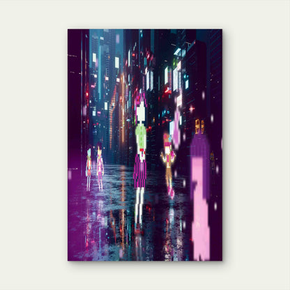 Neon Pixel City Metal Print Ready to Hang