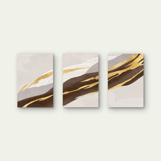 3pcs Modern Gold Brown Grey Abstract Painting Wall Art Set Canvas Framed 50x70cm - High Quality Print 100% Australian Made Wall Canvas Ready to Hang