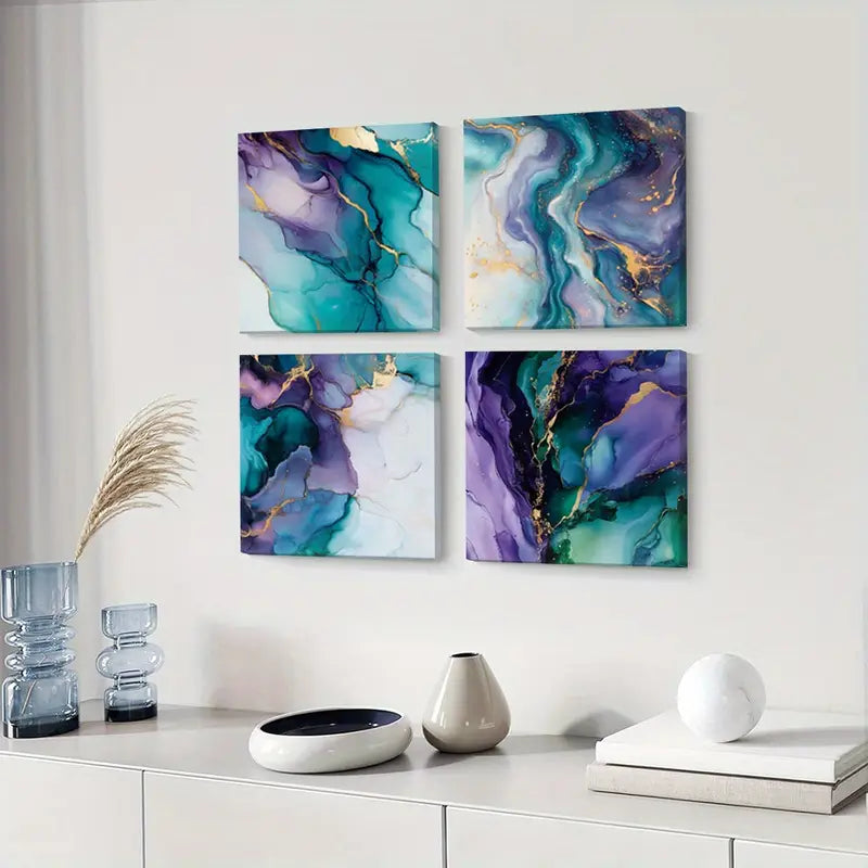 4pcs Golden Accents Square Wall Art Canvas Framed