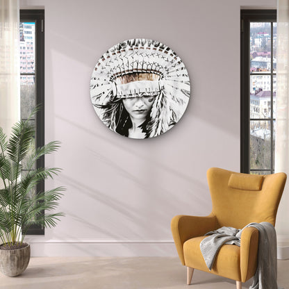 Red Indian Woman Headdress Neutral Color Acrylic Glass Rounded Print Tempered Glass Wall Art 100% Made in Australia Ready to Hang