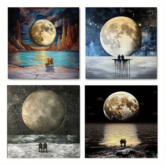 4pcs Animal Resting Elephant Look Moon Black Wall Art Canvas Framed