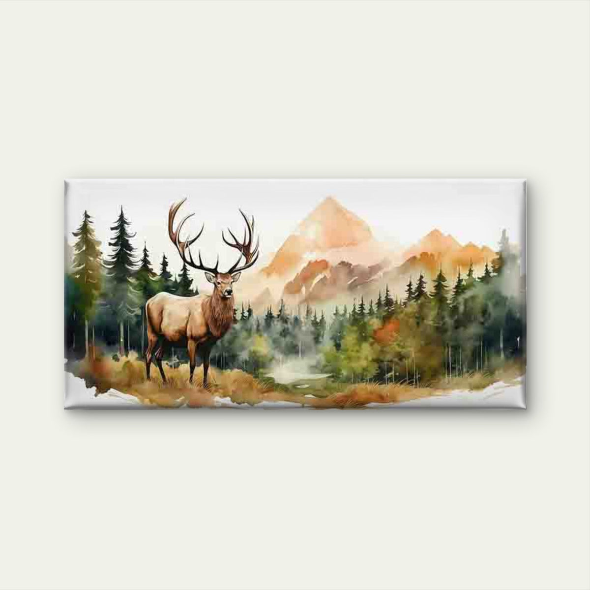 Deer in a Forest Mountain Scen Wall Art Canvas Office Home Room Framed 120x60cm