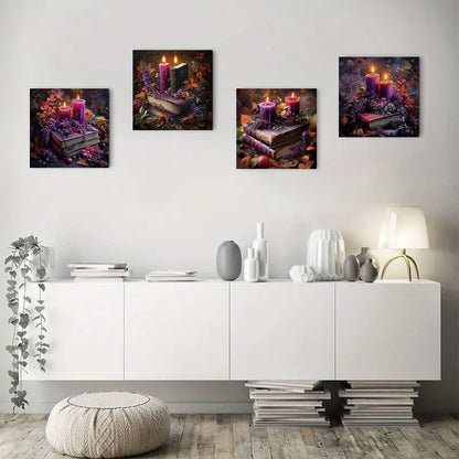 4pcs Books, Candlesticks, Flowers & Autumn Leave Wall Art Canvas Framed