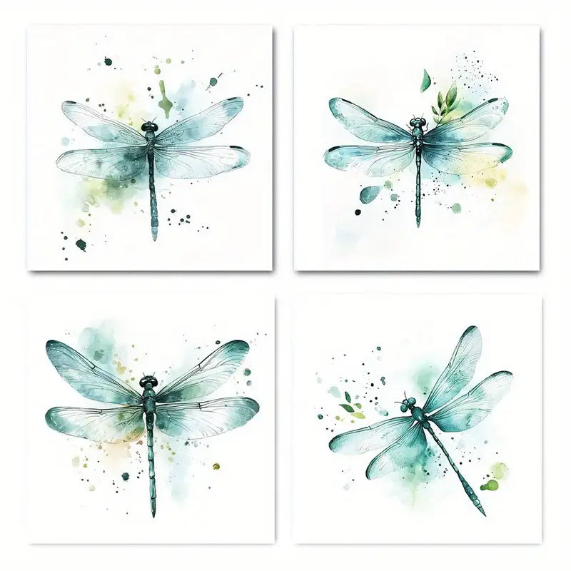 4pcs Blue & Green Dragonflies on Leafy Wall Art Canvas Framed