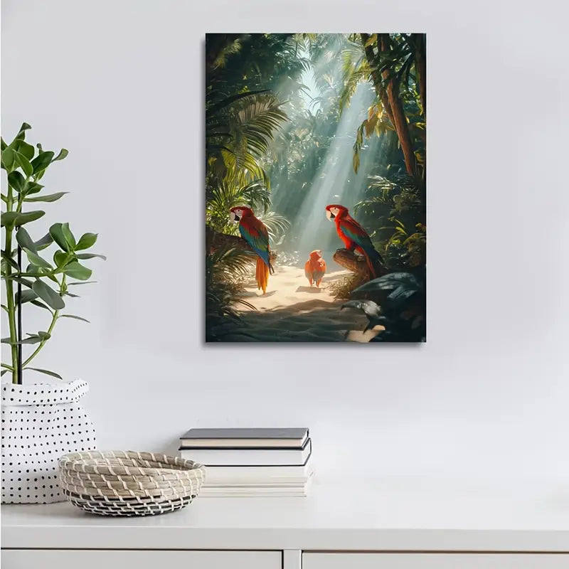 Vibrant Parrots on Sandy Beach with Sunbeams 40x60cm Metal Print Ready to Hang