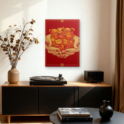 Red Background with Cute Kittens in Hands Metal Print Ready to Hang
