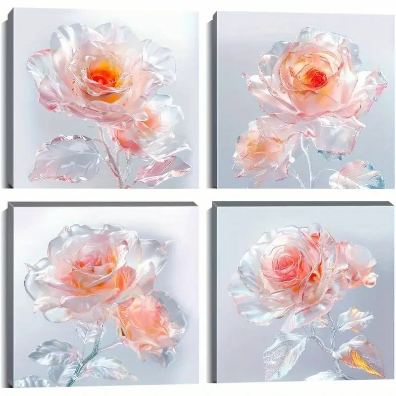 4pcs White Rose Flower Wall Art Floral Pictures Wall Art Canvas Framed