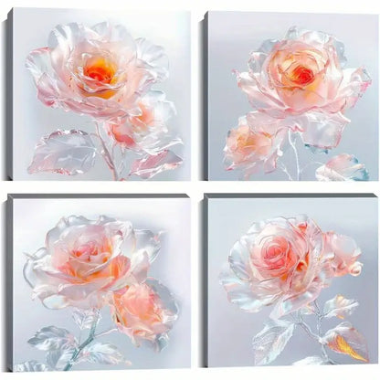 4pcs White Rose Flower Wall Art Floral Pictures Wall Art Canvas Framed