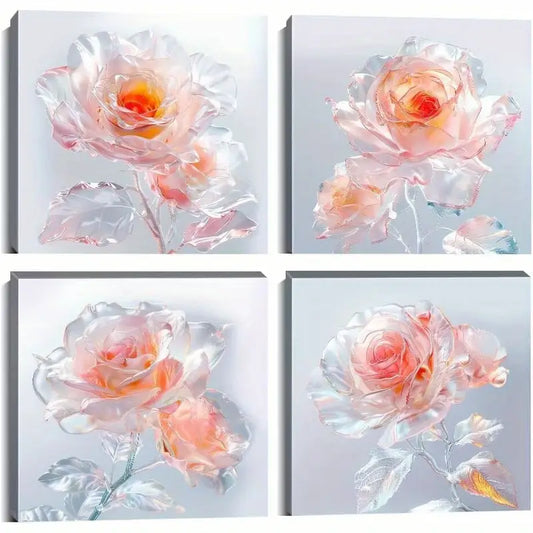 4pcs White Rose Flower Wall Art Floral Pictures Wall Art Canvas Framed