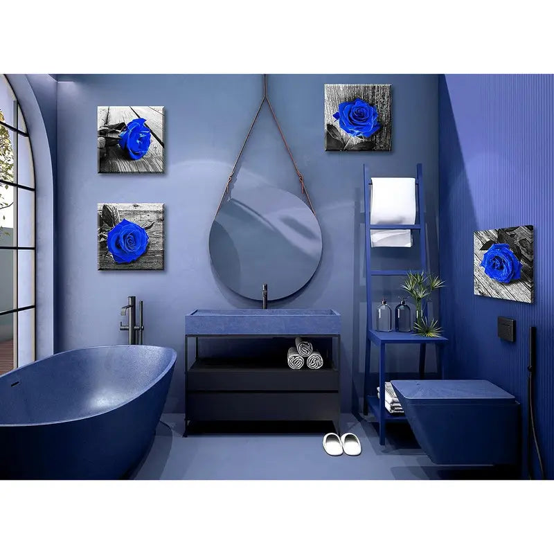 4pcs Royal Blue Rose Pictures & Gray Print Wall Art Canvas Framed