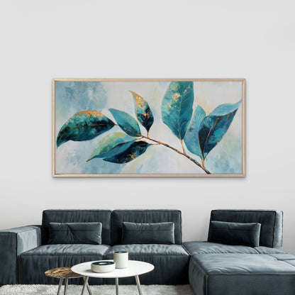 Teal Green Leaf Design Wall Art Canvas Office Home Room Framed 120x60cm