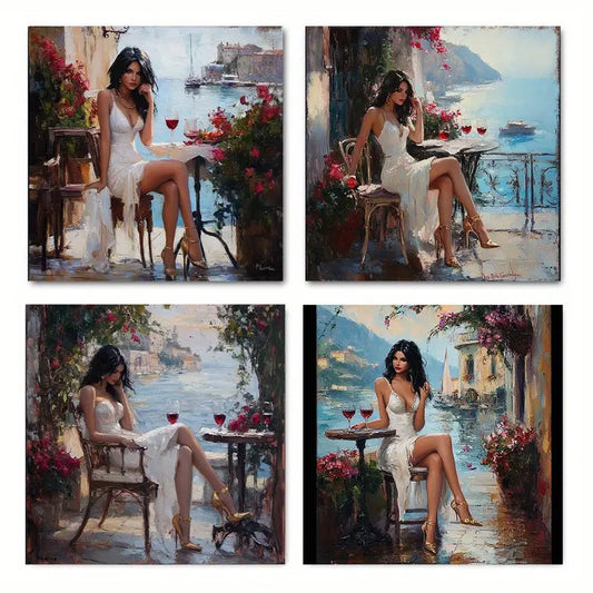 4pcs Coastal City Women Prints, Fashion Wall Art Canvas Framed