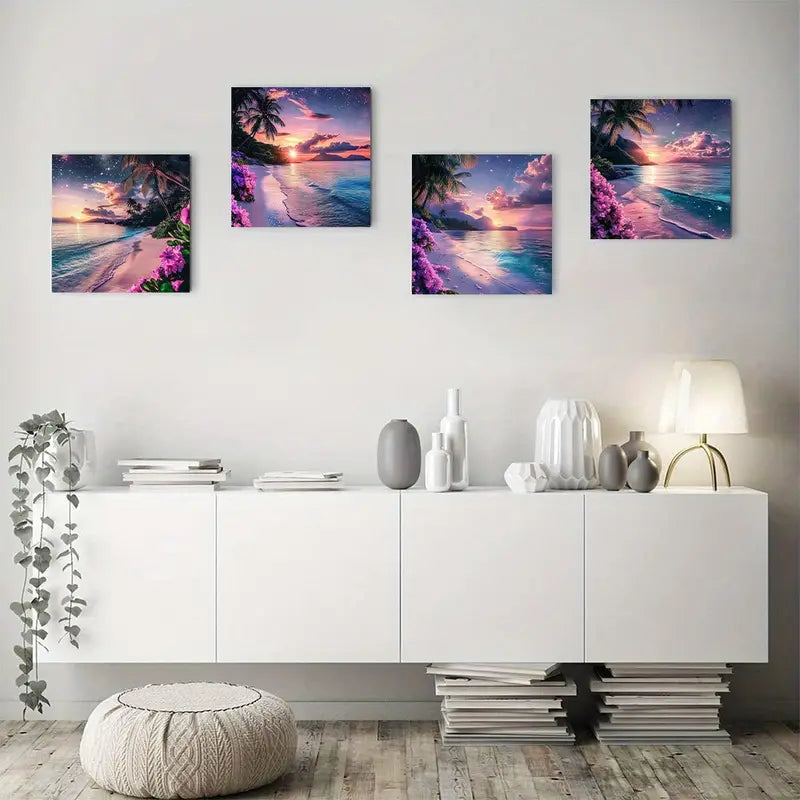 4pcs  Summer seaside sunset Elegant  DF  Wall Art Canvas Framed