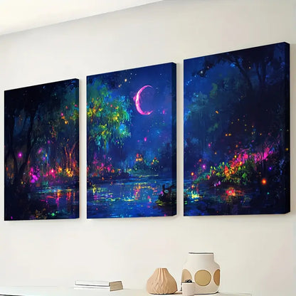 3pcs Moonlit Rainforest Night Scene Australia Wall Art Set Canvas Framed 60x90cm - High Quality Print 100% Australian Made Wall Canvas Ready to Hang