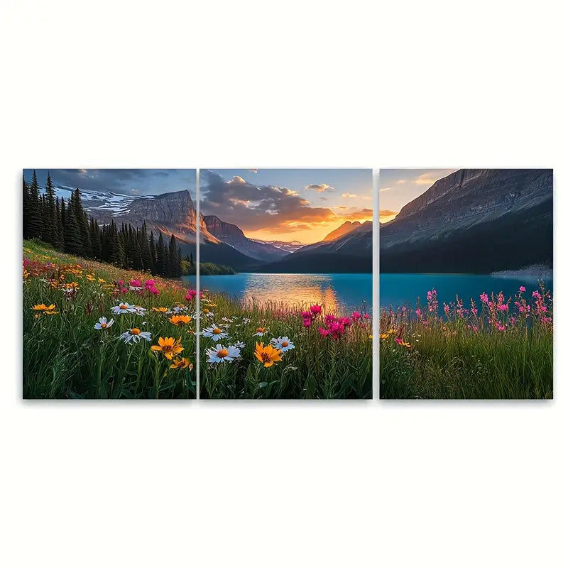 3pcs Mountain Sunset with Wildflowers Wall Art Set Canvas Framed 60x90cm - High Quality Print 100% Australian Made Wall Canvas Ready to Hang