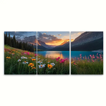 3pcs Mountain Sunset with Wildflowers Wall Art Set Canvas Framed 60x90cm - High Quality Print 100% Australian Made Wall Canvas Ready to Hang