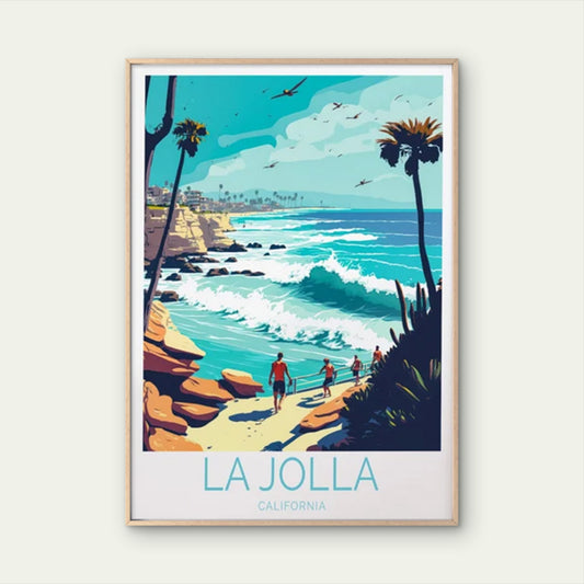 La Jolla California, Rocky Beach & Trees Travel Poster Print Wall Art