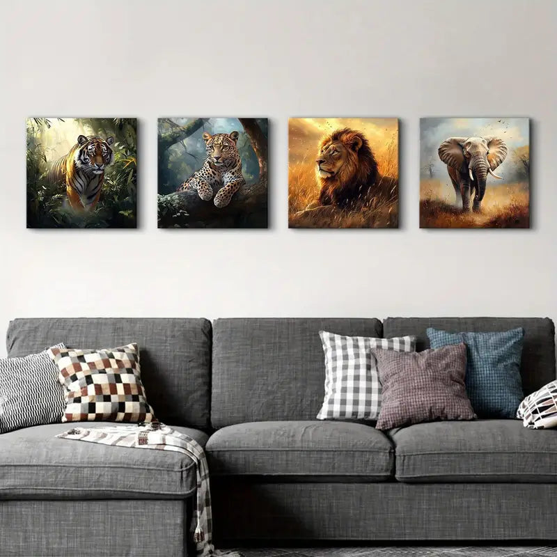 4pcs Lion Elephant Abstract Tiger Panther Wall Art Canvas Framed