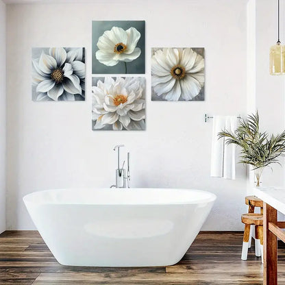 4pcs White Flowers Painting, Flower Petals Wall Art Canvas Framed
