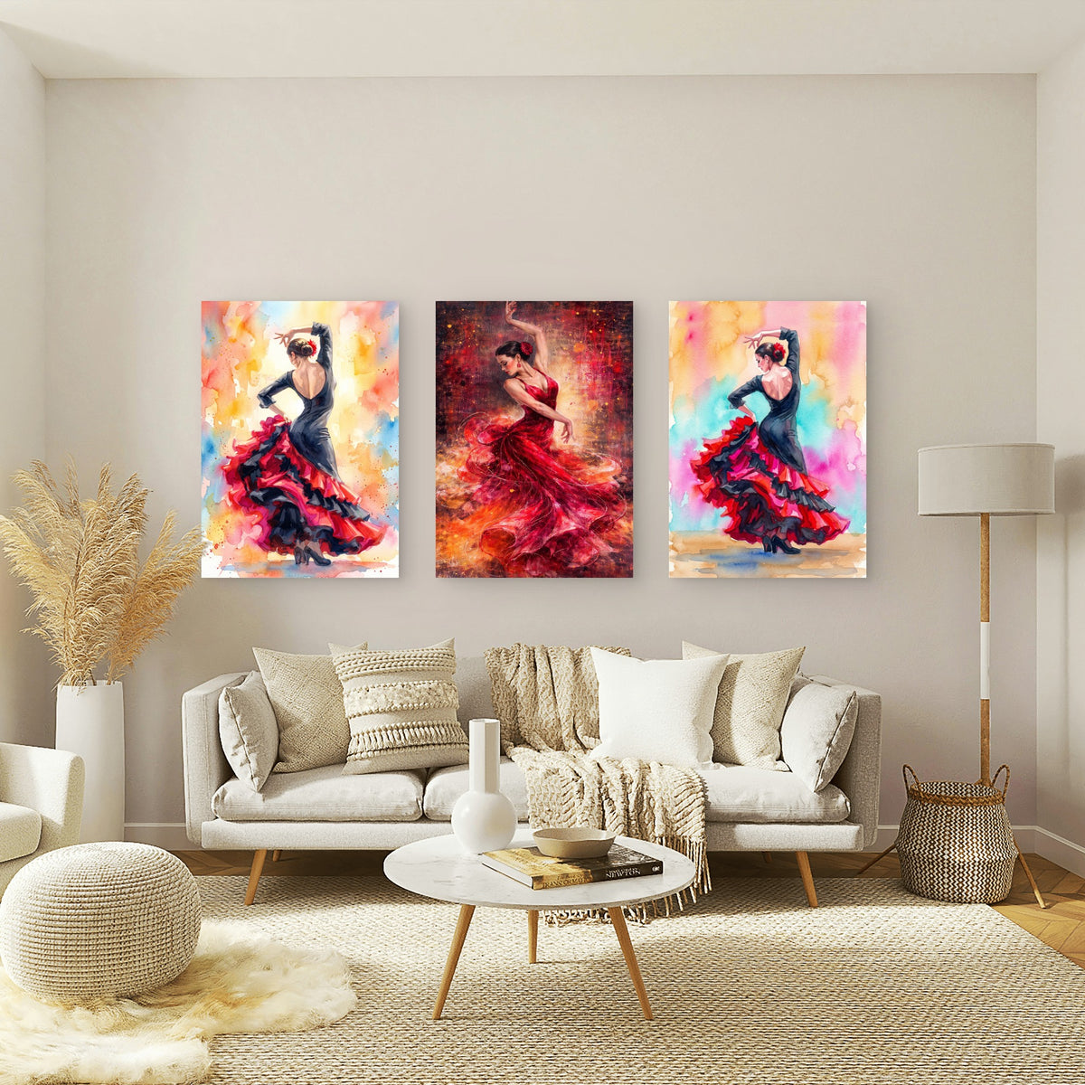 3pcs Spanish Flamenco Dancers In Black And Red Dresses Wall Art Set Canvas Framed 50x70cm - High Quality Print 100% Australian Made Wall Canvas Ready to Hang
