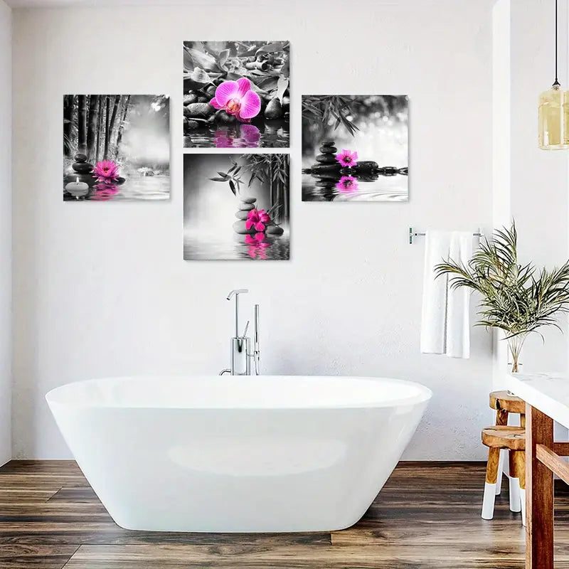 4pcs Stone Paintings, Bamboo,Pink Orchid Flowers Wall Art Canvas Framed